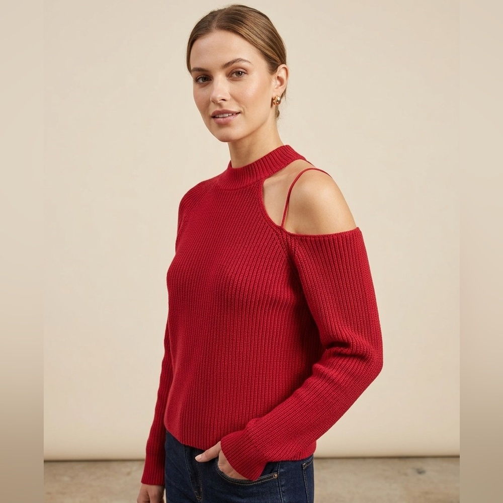 OAK + FORT Red Ribbed Cutout Crewneck Sweater